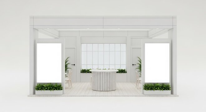 Modern minimalist white exhibition booth design with blank display panels, a central counter, and green plants.
