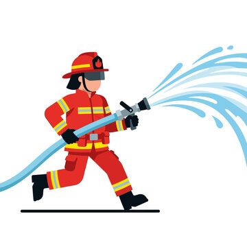 A brave firefighter in full gear, actively spraying water from a hose to combat a fire, illustrating a heroic act of rescue and safety