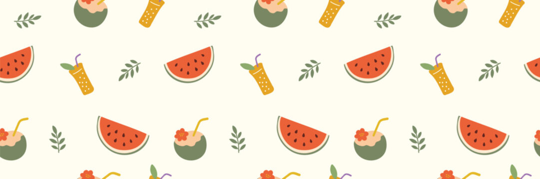 Seamless tropical summer pattern with watermelon slices, coconut drinks, juice bottles, and leafy branches in flat vector style on beige background. Repeating fruit illustration for textile, wrapping 