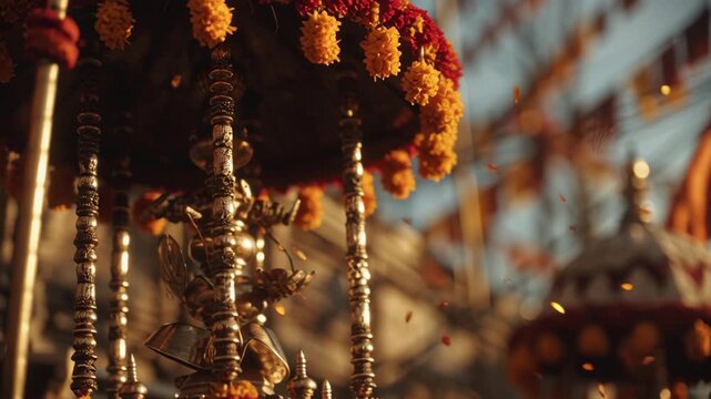 Ornate golden palanquin carried in traditional Hindu religious procession
