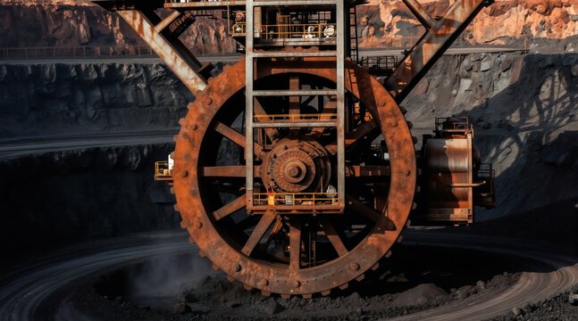 Giant bucket wheel excavator digs coal in open mine. Huge industrial machine moves earth and rock. Heavy machinery operates on vast terrain, extracting mineral resources.