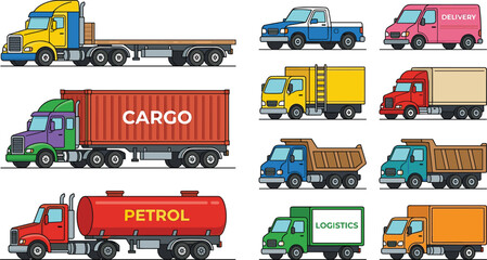 Flat vector illustration set of colorful commercial transport vehicles including flatbed cargo petrol tanker dump trucks and various delivery vans for logistics graphic design projects. © MSTFarjana