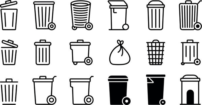 Trash Bin and Waste Container Icon Set with Various Types, Lids, Bags, and Bins for Recycling, Waste Management, and Household Design Projects