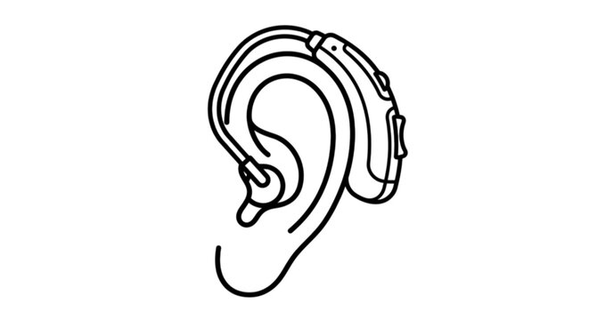 Informative vector image showing a hearing aid device fitted on a human ear outline to represent audiology medical health and hearing loss solutions.