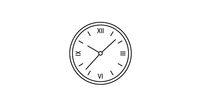 A minimalist vector image of a classic round analog wall clock with roman numerals showing a specific time to represent punctuality and passing hours.
