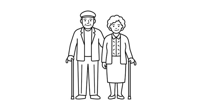 A heartwarming vector image of an elderly couple standing together with walking canes representing long-term partnership, love, and aging gracefully with companionship in retirement.