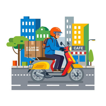 Fast delivery service on a scooter through a vibrant city with buildings and a cafe