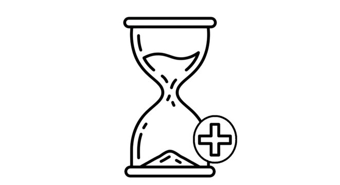 A minimalist black and white vector image featuring a classic hourglass with sand flowing and a plus sign symbol for time management.