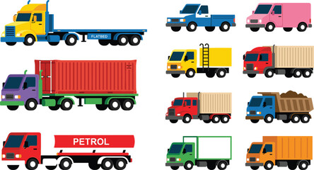 Flat vector illustration set of diverse commercial transport vehicles including flatbed container petrol tanker dump trucks and colorful delivery vans for logistics design projects. © MSTFarjana