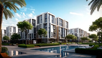 Fototapeta premium Modern white apartment buildings with swimming pool and palm trees on sunny day.