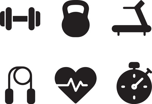 Black silhouette icons representing essential fitness equipment like dumbbells kettlebells treadmills jump ropes heart monitors and a digital stop watch
