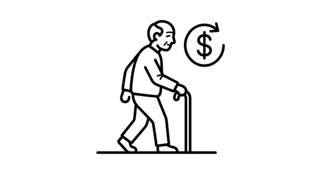 A meaningful vector image depicting an elderly man walking with a cane next to a dollar sign and a circular financial arrow.