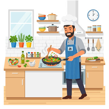 Smiling man in a chef's hat and apron preparing a healthy meal with fresh vegetables in a modern kitchen setting, showcasing home cooking and culinary passion
