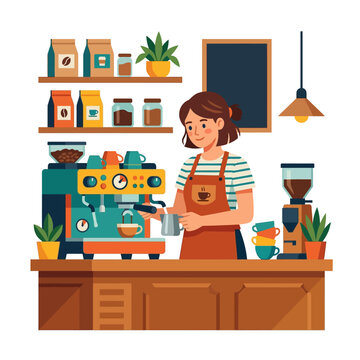 A friendly barista skillfully prepares a latte with a professional espresso machine behind a coffee shop counter, shelves stocked with ingredients
