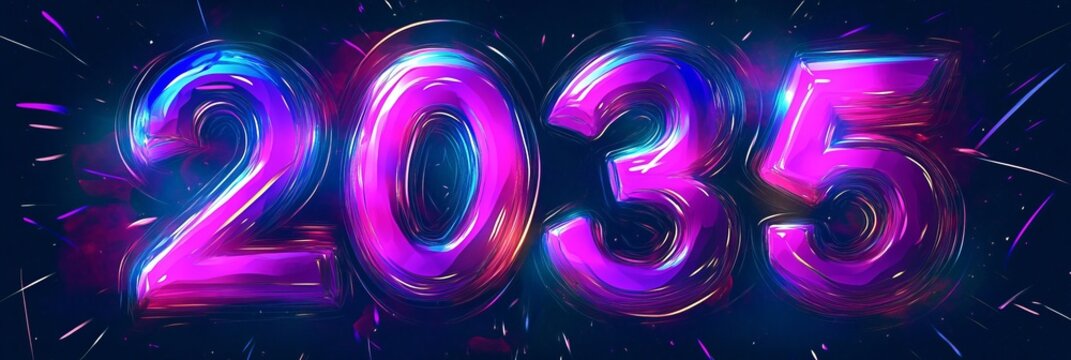 New Year 2035 Celebration with Neon Lights and Futuristic Decorations for a Festive Atmosphere