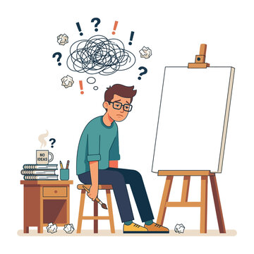 Frustrated artist battling a severe creative block, staring at an empty canvas with a mind full of tangled thoughts and a desperate need for inspiration to overcome artistic challenges