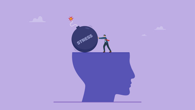 Businessman pushing bomb metaphor stress down from human head. Reduce or remove stress concept.