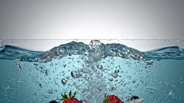 Fresh strawberries, blueberries, and dragon fruit chunks splashing into clear blue water creating dynamic ripples and splashes, healthy food and beverage advertising
