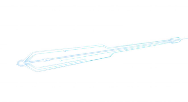 A glowing, light-blue wireframe of a medical balloon catheter device isolated against a solid black background