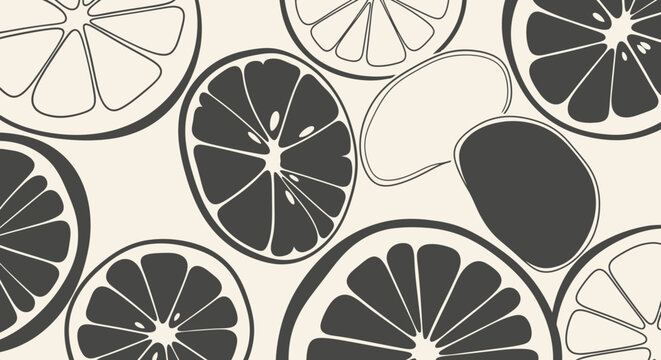 A monochrome pattern of various citrus fruit slices, some filled and some outlined, creating a stylized and refreshing background design.