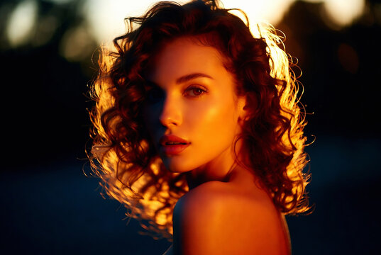 A woman with curly hair is illuminated by golden light, gazing intensely at the camera. She appears to be outdoors near water with a blurred background of foliage.