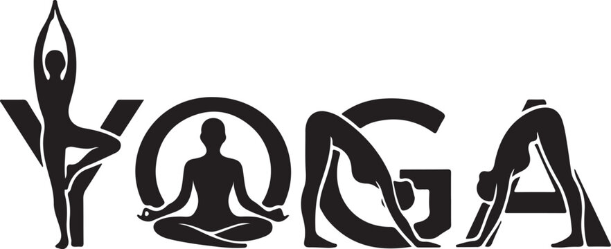 Yoga poses forming the word yoga: silhouette figures in various asanas