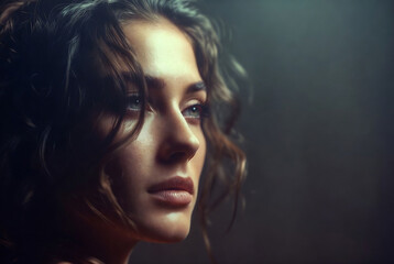 Fototapeta premium A young woman with dark curly hair gazes pensively into the distance, suggesting a moment of introspection in an atmospheric setting.
