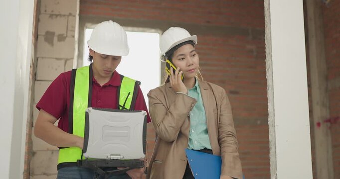 Female Project Coordinator Calls Supplier About Material Delay with Site Engineer