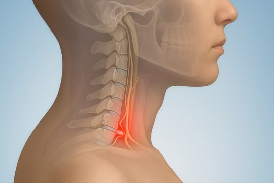 Lateral cervical spine anatomy with red glow at C5&ndash;C6 herniated disc compressing nerve root, ideal for illustrating cervical disc herniation, radiculopathy, and neck pain in medical visuals.