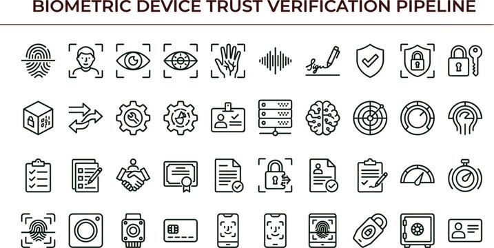 Biometric device trust verification pipeline line icon set for secure authentication dashboard ui identity validation and access control