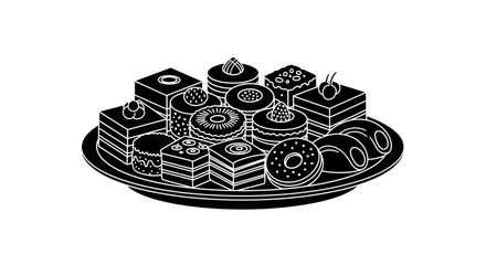 Black and white sushi icons, vector sushi set, 16 pieces, food illustrations, Japanese cuisine elements © MITURANI