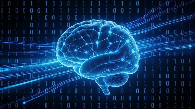 Blue glowing brain with binary code