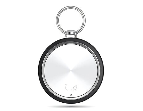 A modern, minimalist keychain pendant with a round, silver face, black trim, and a small leaf icon