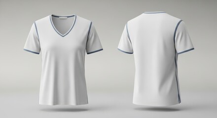 Fototapeta premium Minimalist white v-neck t-shirt with subtle trim detailing shown from front and back views.