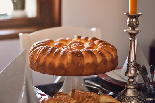 Traditional Serbian round ritual bread made at home for religious holiday slava