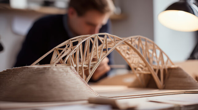 Wooden bridge model in science lab with student focused on STEM project back to school learning environment