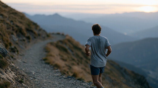 Solo male trail runner descending a steep alpine switchback at dusk, loose shale skittering underfoot, sweat-soaked shirt clinging, distant valley lit faintly below, conveying endurance sport, mount
