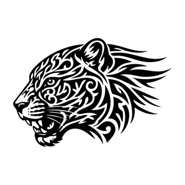 Logotipo con dibujo con silueta de la cabeza de un leopardo con decoraci&oacute;n de tatuajes tribales maor&iacute;es, vista de perfil 