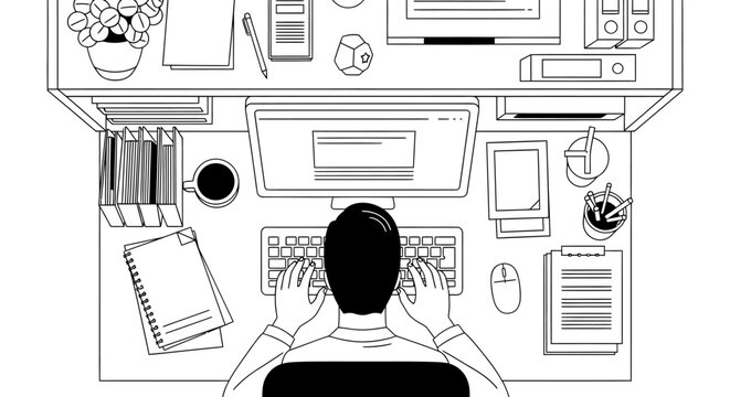 Overhead view of a person working at a busy office desk with a computer and various supplies, line art illustration.