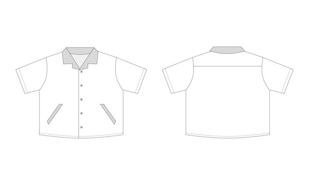 White short-sleeved bowling shirt technical sketch with gray collar and button placket, vector illustration