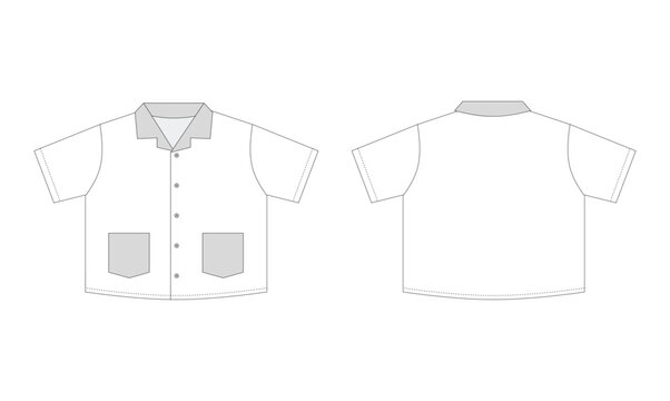 White Short Sleeve Shirt Technical Drawing with Patch Pockets, Front and Back Views, Clear Style