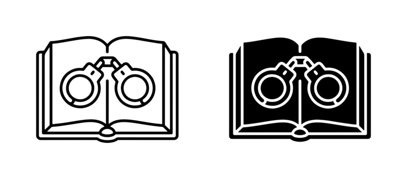 Law Book and Handcuffs Icon Set, Legal Justice Symbols, Criminal Defense, Crime and Punishment Concepts, Binary Options