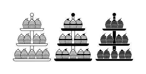 Three Tiered Cupcake Stands with Desserts, Vector Icons Set, Sweet Treat Display, Black and White Food Illustration © Mizan