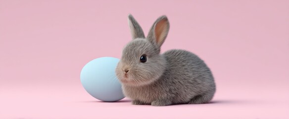 Naklejka premium Adorable gray baby bunny cuddles by a soft blue egg on a light pink backdrop for Easter.