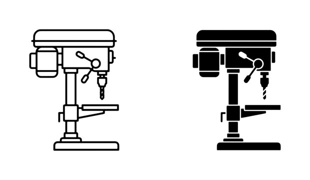 Drill Press Vector Icons, Workshop Machine Tools, Industrial Equipment, Metalworking Equipment, Black and White Graphics