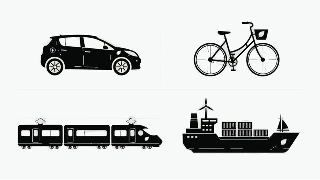 Collection of transportation icons including car, bicycle, train, and cargo ship in black silhouette