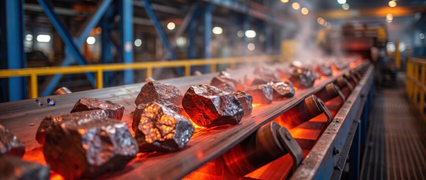 Industrial hot metal production line with glowing steel billets on conveyor in factory, heavy industry manufacturing process, metallurgy plant interior, heat and energy concept