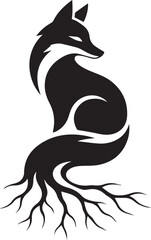 Obraz premium Black fox silhouette, root system, vector icon, wildlife symbol