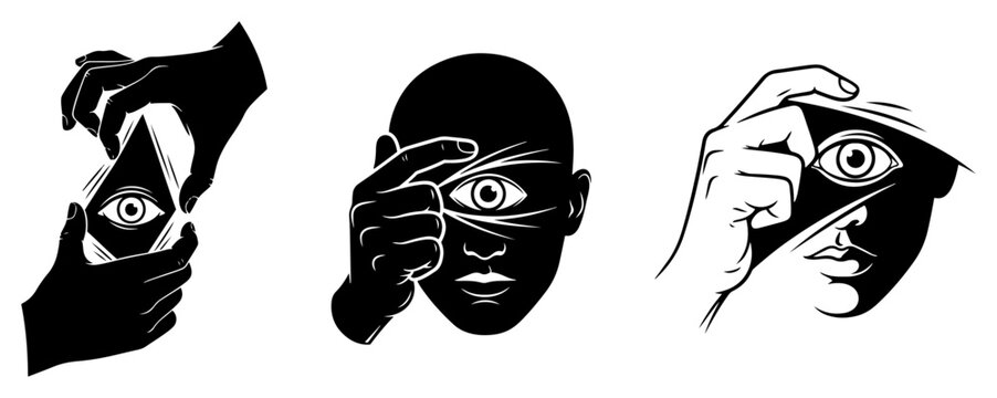 Human face with all seeing eye revealed by hands through triangular opening minimalist vector style