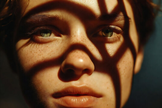 A young woman with freckles looks intensely at the camera, bathed in dramatic light.